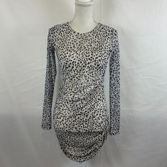 Reformation Dress S White Black Animal Print Net Sheer Long Sleeve Bodycon Ruche - Picture 1 of 13